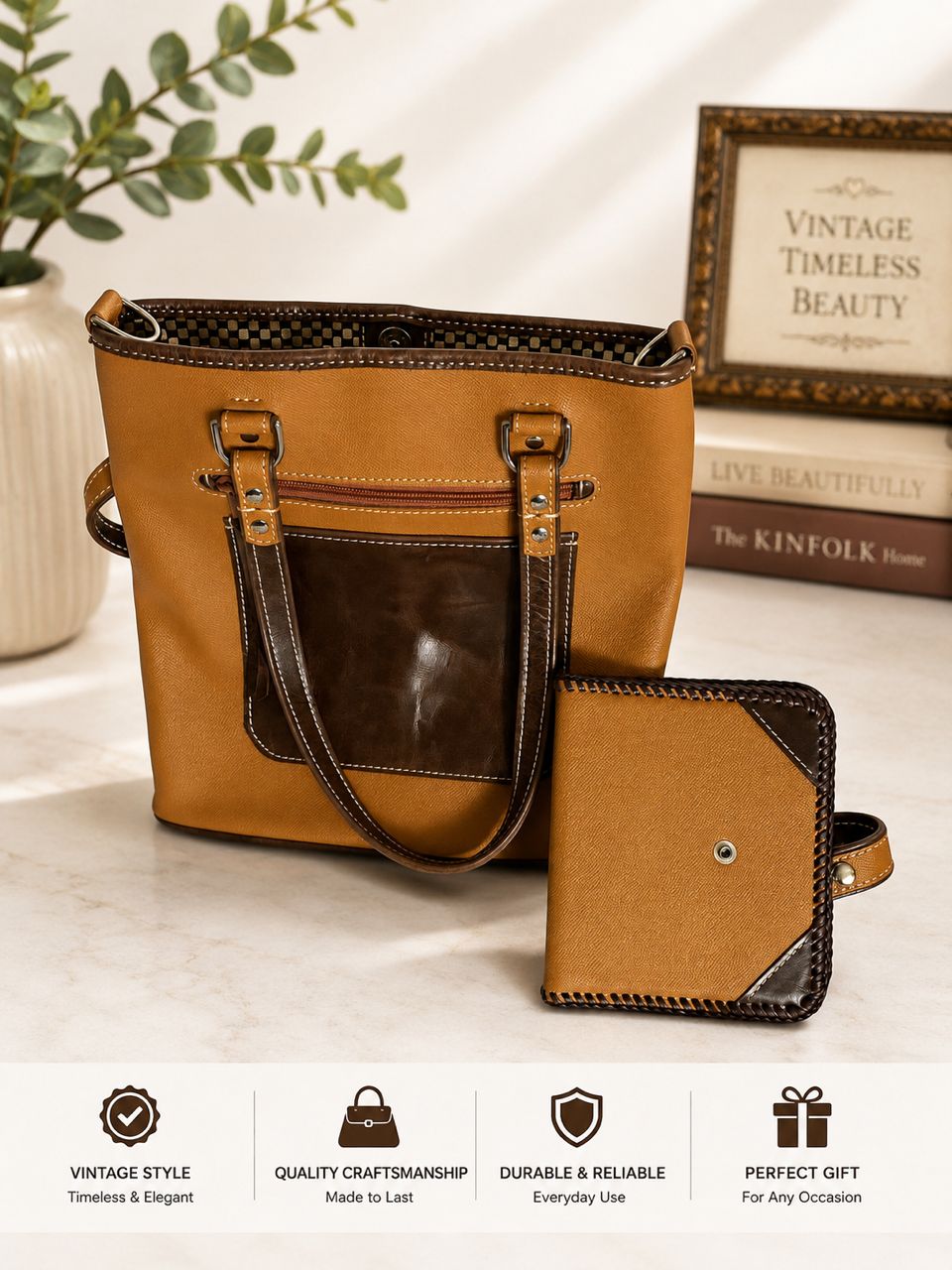 Vintage Timeless Beauty Leather Tote Bag with Wallet